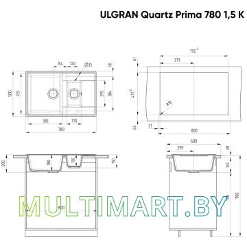 Кухонная мойка Ulgran Quartz Prima 780 1.5K (07 уголь) картинка 2